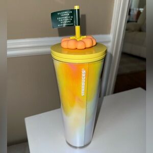 NEW Starbucks Yellow and White Swirl Tumbler with Orange Flower Lid